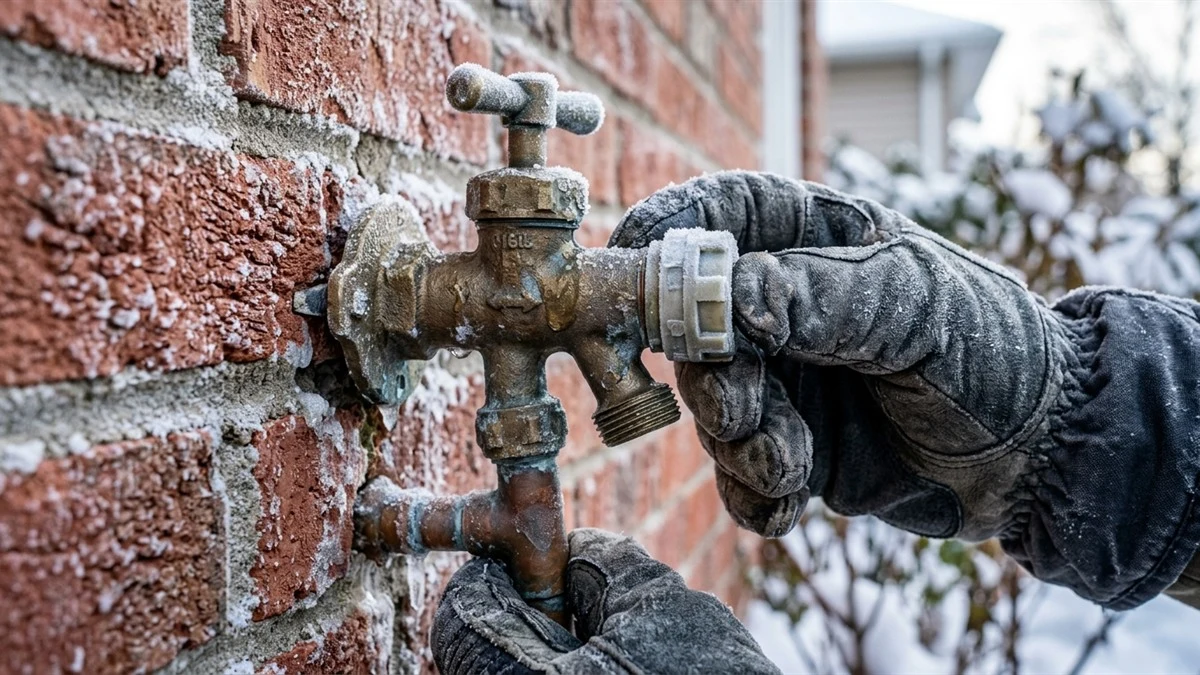 Insulated foam outdoor faucet cover installed over exterior hose bib to prevent sub-zero winter wind chill freezing