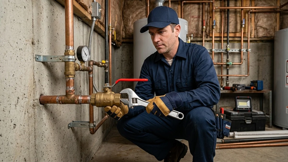 Smart automated whole home water shutoff valve installed on main line with digital flow sensor display and smartphone app monitoring