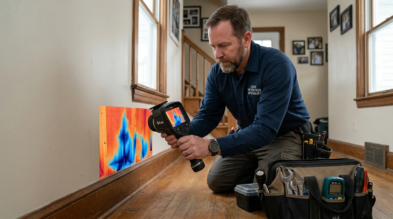 Thermal imaging camera display showing active radiant hydronic floor loops through hardwood flooring